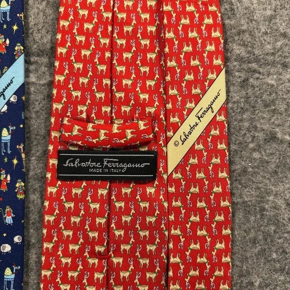 Salvatore Ferragamo Silk Ties Mens Lot 2 Red Reindeer Nativity Christmas Italy